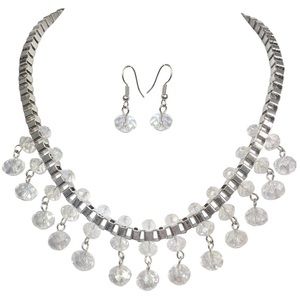 Clear Glass Drop Box Chain Necklace Earrings Set